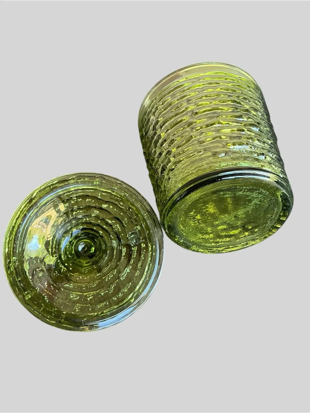 Vintage Anchor Hocking Soreno Avocado Green Glass Condiment Set MCM Retro